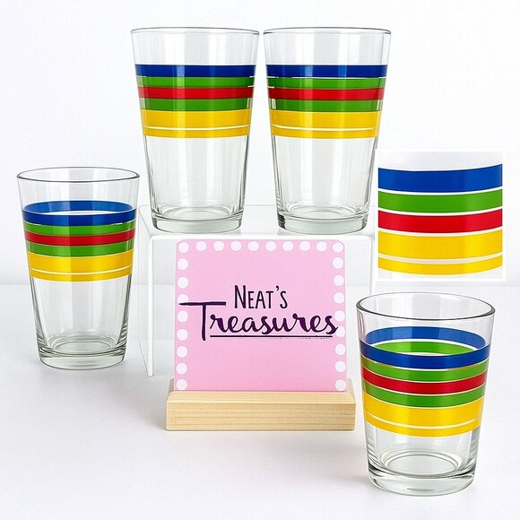 Gibson SALSA STRIPE 12 0z Red Blue Green Yellow Stripe Glass Tumbler Glass Set 4 - Picture 1 of 8